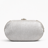 Silver glittery clutch bag with embellishments on a white background