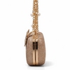 Beige handbag with gold chain and pearl accents on a white background